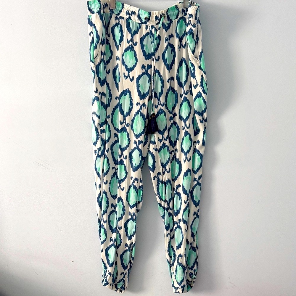 Lilly Pulitzer Blue and Green Patterned Silk Joggers